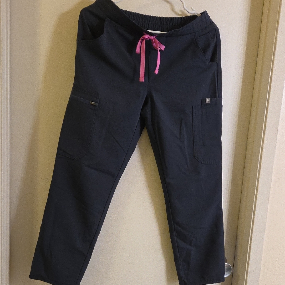 Figs Navy Technical Collection Scrub Cargo Pants with Hot Pink Drawstring